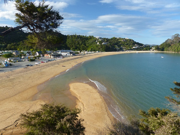 Kaiteriteri Beach with our campground in the center beyond it, Nov 2015